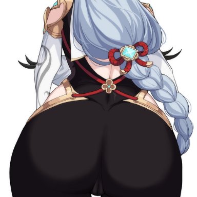 genshin impact, shenhe (genshin impact), drogod (artist), 1girls, ass, ass focus, ass shot, back, back view, bodystocking, braided hair, clothed, clothed female, female, female only