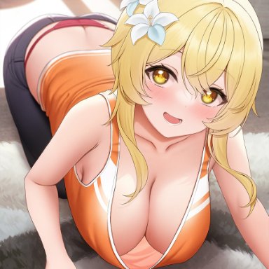 genshin impact, lumine (genshin impact), fukuro ko (greentea), 1girls, all fours, ass, bent over, blonde hair, blush, busty, butt crack, cleaning, cleavage, clothing, female