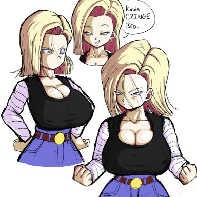 dragon ball, dragon ball super, dragon ball z, shounen jump, android 18, pseudocel, 1girls, big breasts, blonde hair, blue eyes, breasts, cyborg, earrings, erect nipples, erect nipples under clothes