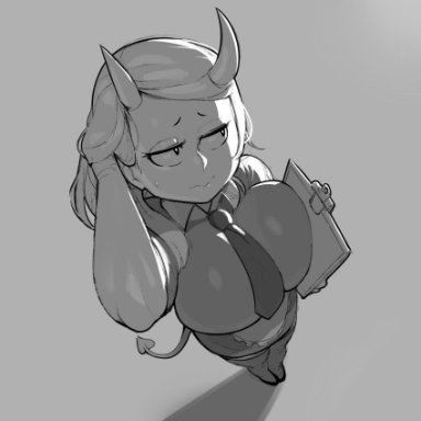 original, krekk0v, boots, breasts, business suit, business woman, busty, clipboard, collared shirt, demon, demon girl, demon horns, demon tail, hair, hands in hair