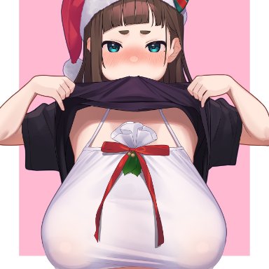 original, wotori, bangs, blue eyes, blunt bangs, blush, breasts, brown hair, covered nipples, female, hair behind ear, hat, huge breasts, lifted by self, long hair