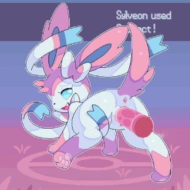 nintendo, pokemon, eeveelution, pok&#233;mon (species), sylveon, camotli, anus, ass, blue eyes, blush, bodily fluids, cum, cute expression, cute eyes, cute fangs