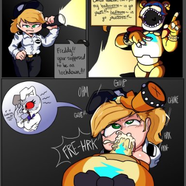 five nights at freddy's, fnaf, glamrock freddy (fnaf), vanessa (fnaf), vanny (fnaf), a stranger12, 1boy, 1girls, animatronic, blowjob, cum, cum in mouth, instant loss, oral, meme