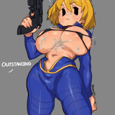 fallout, vault girl, waa153, areola, areola slip, areolae, big breasts, bikini, black eyes, blonde hair, blush, breasts, cum, cum on breasts, grey background