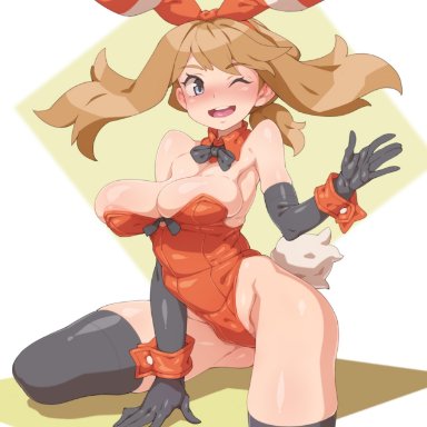 pokemon, pokemon oras, may (pokemon), tenako (mugu77), areolae, big breasts, blue eyes, bow, bowtie, breasts, brown hair, bunny outfit, cleavage, elbow gloves, female