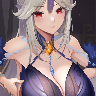 genshin impact, ningguang (genshin impact), nanam (nanam sk), 1girls, bangs, big breasts, breasts, cleavage, dress, female, female only, huge breasts, large breasts, red eyes, solo