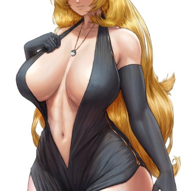 nintendo, pokemon, pokemon dppt, cynthia (pokemon), superbusty, 1girls, belly button, black dress, blonde hair, breasts, cleavage dress, dress, elegant, elegant dress, female