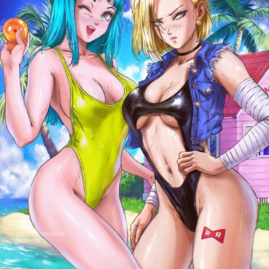 dragon ball, android 18, maron, logan cure, 2girls, blonde, blonde hair, blue eyes, cameltoe, cleavage, curvy, dragon ball (object), erect nipples, female, huge areolae