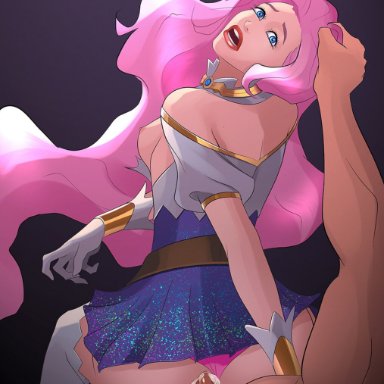 league of legends, seraphine (league of legends), leadpoisonart, 1boy, 1girls, blue eyes, breasts, hair grab, pink hair, pov, pussy, small breasts, vaginal penetration, vaginal sex