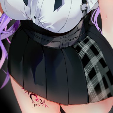 hololive, tokoyami towa, niku (hamuchang), black skirt, breasts, curly hair, head out of frame, high-waist skirt, large breasts, leg tattoo, long hair, purple hair, shirt, shirt tucked in, skirt