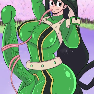 my hero academia, tsuyu asui, bermuda art, 1futa, autotonguejob, balls, big breasts, bodysuit, breasts, clothed, clothing, cum in bodysuit, erection, filled condom, fully clothed