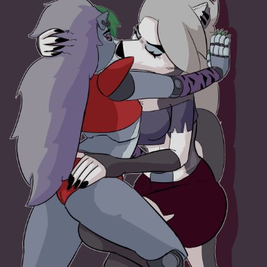 five nights at freddy's, fnaf, helluva boss, loona (helluva boss), roxanne wolf (fnaf), animatronic, anthro, canine, demon girl, dressed, emo, fnafsecuritybreach, furry, girl on girl, kissing