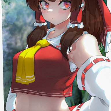 touhou, reimu hakurei, hizake, kashu (hizake), 1girls, ascot, bangs, bare shoulders, belly, belly button, blunt bangs, blurry, blurry background, blush, bow