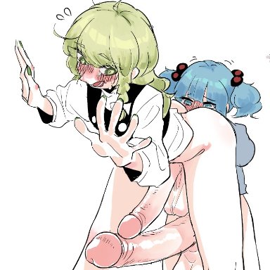 touhou, marisa kirisame, nitori kawashiro, frogsnake, 2futas, anilingus, ass, balls, bent over, big balls, big penis, blonde hair, blue hair, blush, bottomless