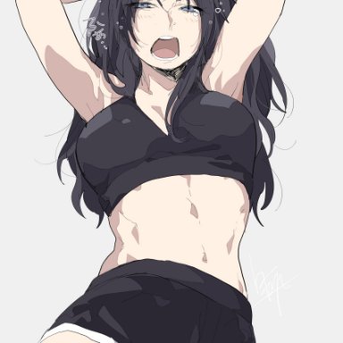 apex legends, wraith (apex legends), black hair, booty shorts, long hair, sports bra, tagme