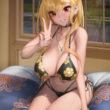 sono bisque doll wa koi wo suru, kitagawa marin, 1girls, :d, bangs, barbell piercing, bare arms, bare shoulders, bead bracelet, beads, bed, bikini, black bikini, black choker, blonde hair