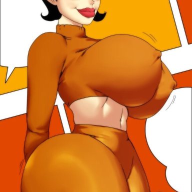 garfield (series), liz wilson, jay-marvel, 1girls, arms behind back, ass, big ass, big breasts, black eyes, black hair, bob cut, breasts, crop top, curvaceous, curvy