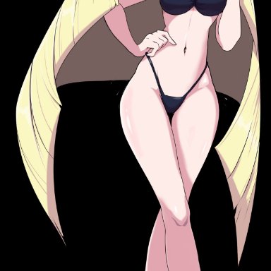 nintendo, pokemon, pokemon sm, aether foundation, lusamine (pokemon), oni-sanart, 1girls, alternate costume, belly, big breasts, bikini, black bikini, black choker, blonde hair, breasts