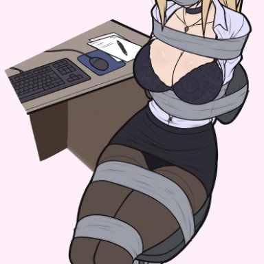 magnolia-baillon, arms behind back, before rape, black bra, blonde hair, blue eyes, blush, bondage, bound, bound ankles, bound arms, bound legs, bound to chair, bra, breasts