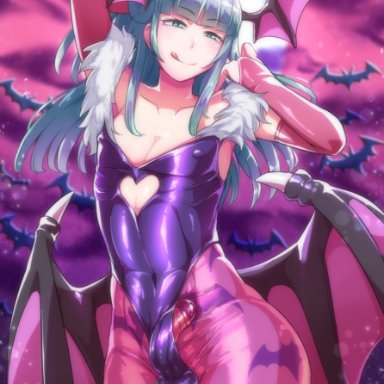 capcom, darkstalkers, vampire (game), morrigan aensland, morrigan aensland (cosplay), gin daikon, 1boy, animal print, aqua hair, arched back, arm behind head, bangs, bat, bat print, bat wings