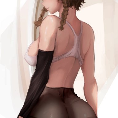 steins;gate, steins;gate 0, amane suzuha, bbadogg, 1girl, ass, braided hair, brown hair, bubble butt, cheeks, coy, holding ass, looking back at viewer, sideboob, smile