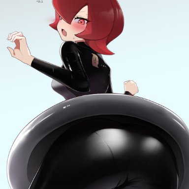 pokemon, pokemon bdsp, pokemon dppt, mars (pokemon), team galactic, raenoreto, 1girl, ass, blush, embarrassed, female, from below, latex, latex bottomwear, latex legwear