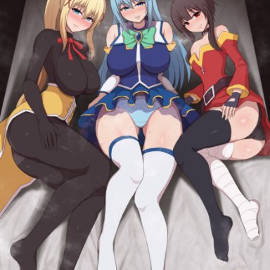 aqua (konosuba), darkness (konosuba), megumin, ponpo, 3girls, black panties, blonde hair, blue eyes, blue hair, blush, bodysuit, breast size difference, breasts, brown hair, clothed