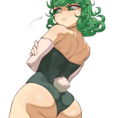 one-punch man, tatsumaki, athosart, 1girls, bunny girl, bunnysuit, green bunny ears, green eyes, green hair, short hair