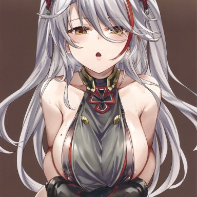 azur lane, prinz eugen (azur lane), antenna hair, areola slip, areolae, bangs, bare shoulders, blush, breasts, clothes pull, collarbone, covered nipples, cross, eyebrows visible through hair, eyes visible through hair