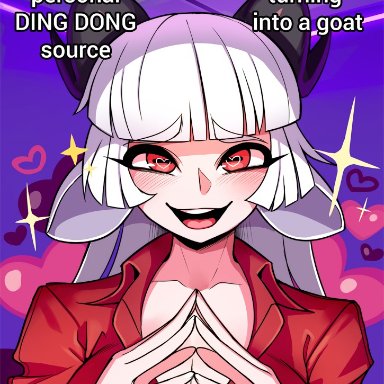 helltaker, baphomet (grizz), fan character, blunt bangs, demon girl, demon horns, goat girl, large breasts, long hair, pinstripe pattern, red shirt, suspenders, white hair, meme, trade offer