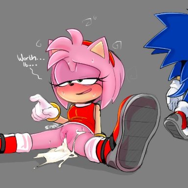 sega, sonic (series), sonic the hedgehog (series), amy rose, sonic the hedgehog, hexanne, after sex, blue skin, chili dog, cum, cum drip, cum in pussy, cum inside, pink skin, shoes