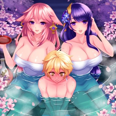 genshin impact, aether (genshin impact), raiden shogun, yae (genshin impact), yae miko (genshin impact), 1boy, 2girls, bath, big breasts, blush, busty, cleavage, large breasts, milf, naked towel