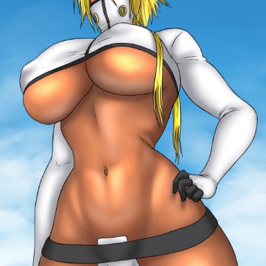 bleach, tia harribel, nexus-sig, almost naked, big breasts, braids, breasts, brown skin, busty, clothed, clothed female, covered mouth, crop top, cropped jacket, curvaceous