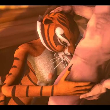 dreamworks, kung fu panda, master tigress, mr safety, mrsafetylion, oolay-tiger, anthro, anthro on human, anthro penetrated, balls, bodily fluids, breasts, brown body, brown fur, brown tail