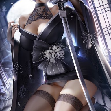 nier: automata, nier (series), square enix, yorha 2b, olchas, 1girls, bare shoulders, big breasts, blue eyes, bow, breasts, choker, cleavage, clothed, clothing