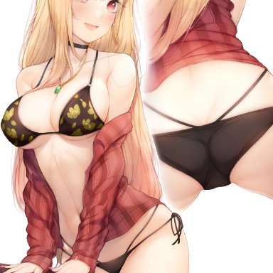 sono bisque doll wa koi wo suru, kitagawa marin, kimoshi, 1girls, ass, bangs, bare shoulders, big ass, bikini, black bikini, black choker, blonde hair, blush, breasts, choker