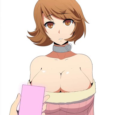 persona 3, yukari takeba, naver, 1girl, breasts out, brown hair, cellphone, femsub, hypnosis, hypnotized, large breasts, mind control, short hair, spiral eyes, tech control