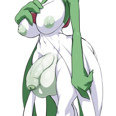 pokemon, gardevoir, jadf, 1futa, areolae, athletic futanari, balls, breasts, flaccid, futa only, futanari, hand on breast, huge balls, huge breasts, huge cock