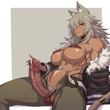 mushoku tensei, ghislaine dedoldia, mikoyan, 1futa, abs, animal ears, balls, big breasts, big penis, black panties, breasts, brown skin, clothed, clothing, cum