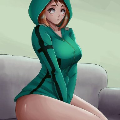 my hero academia, ochako uraraka, yomichiboy, 1girls, ass, brown eyes, brown hair, clothing pull, female only, hood up, hoodie, long sleeves, sitting, solo, sweater