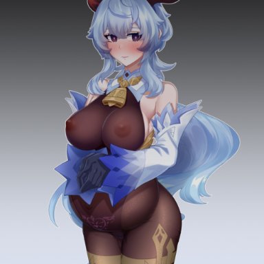 genshin impact, ganyu (genshin impact), ahoge, bare shoulders, bell collar, big breasts, blue hair, blush, bodysuit, detached sleeves, female, female only, gloves, heart-shaped pupils, horns