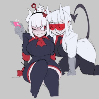 helltaker, loremaster (helltaker), lucifer (helltaker), krekk0v, 2girls, blush, cravat, demon girl, discreet vibrator, embarrassed, horns, labcoat, large breasts, red-tinted eyewear, red eyes