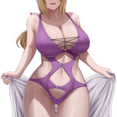 naruto, naruto (series), naruto shippuden, tsunade, abp art, 1girls, big breasts, blonde hair, breasts, brown eyes, busty, center opening, erect nipples, erect nipples under swimsuit, facial mark