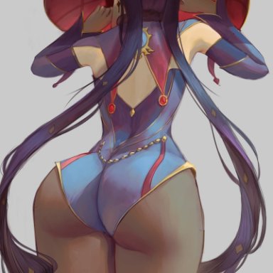 genshin impact, mona (genshin impact), ignitesart, 1girls, ass, ass focus, black hair, blue background, bubble butt, facing forward, female, female only, hat, hips, large ass