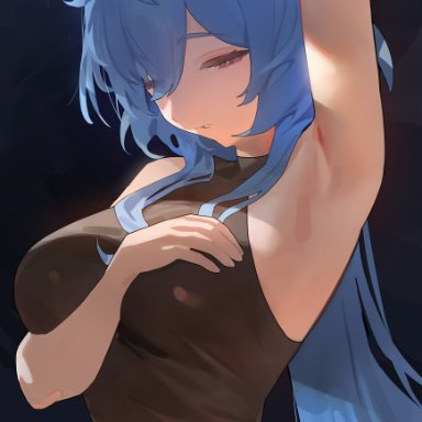 genshin impact, ganyu (genshin impact), hood x art, 1girls, arm above head, arm up, armpit fetish, armpits, black clothing, blue hair, blush, breasts, dark background, down, embarrassed