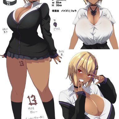 original, kloah, accessory, blonde hair, bowtie, breasts, cardigan, choker, cleavage, collar, dark-skinned female, dark skin, earrings, gyaru, hair ornament