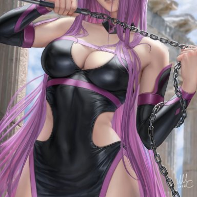 fate/grand order, fate/stay night, fate (series), medusa (fate), sciamano240, 1girls, black bodysuit, bodysuit, breasts, chains, cleavage, female, female only, forehead mark, hips