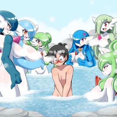 game freak, nintendo, pokemon, pokemon rse, dr. voir, gardevoir, mari (zedrin), original character, saraiah (heraldinthedark), shiny pokemon, lucyfercomic, 1boy, 6girls, anthro, big breasts