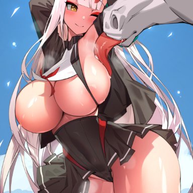 azur lane, shimakaze (azur lane), powergene, powzin, 1animal, 1boy, 1girls, alternate breast size, areola slip, areolae, armpit licking, armpits, arms up, bangs, blush