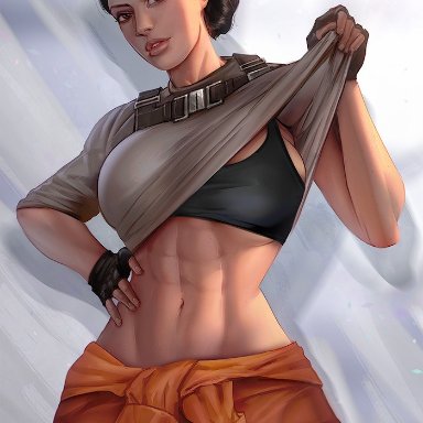 star wars, star wars: battlefront 2, iden versio, ynorka, abs, brown hair, fingerless gloves, looking at viewer, pulling up shirt, sports bra